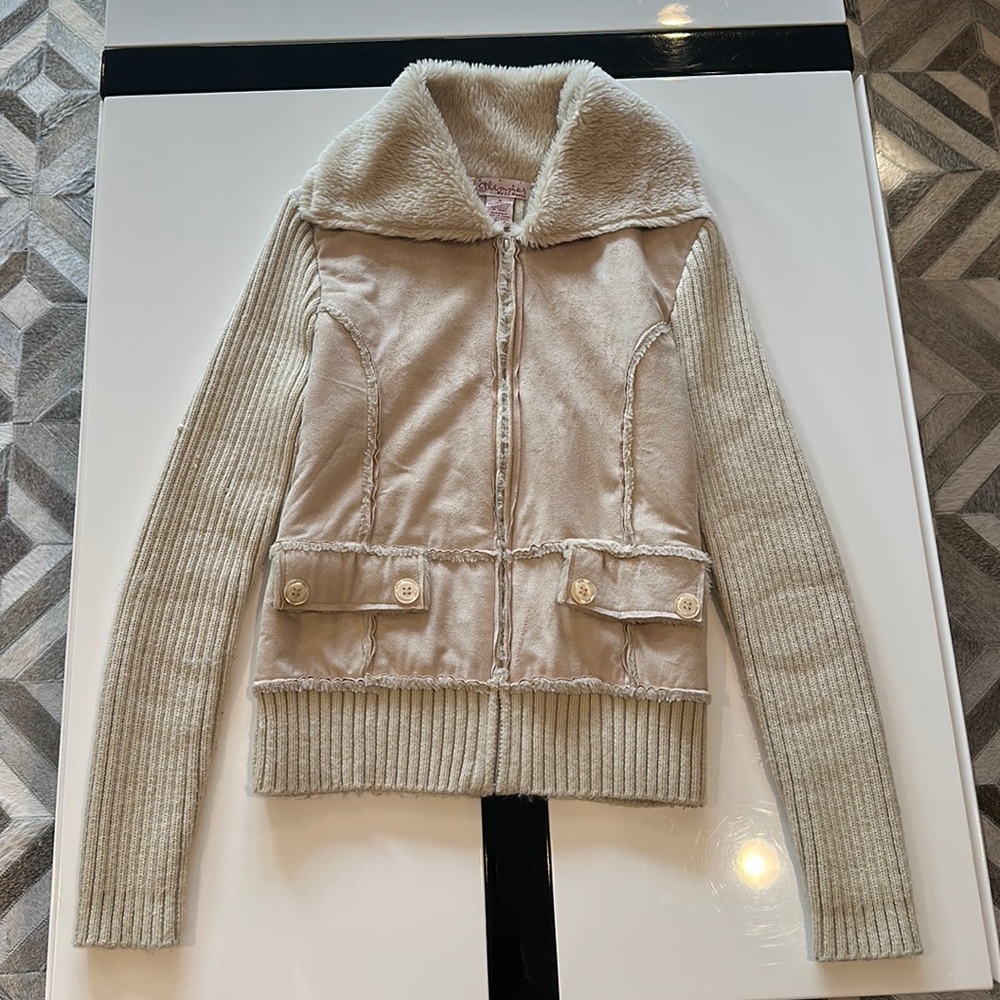 Zip Front Beige Faux Suede and Fur Size M Cozy Warm Sweater